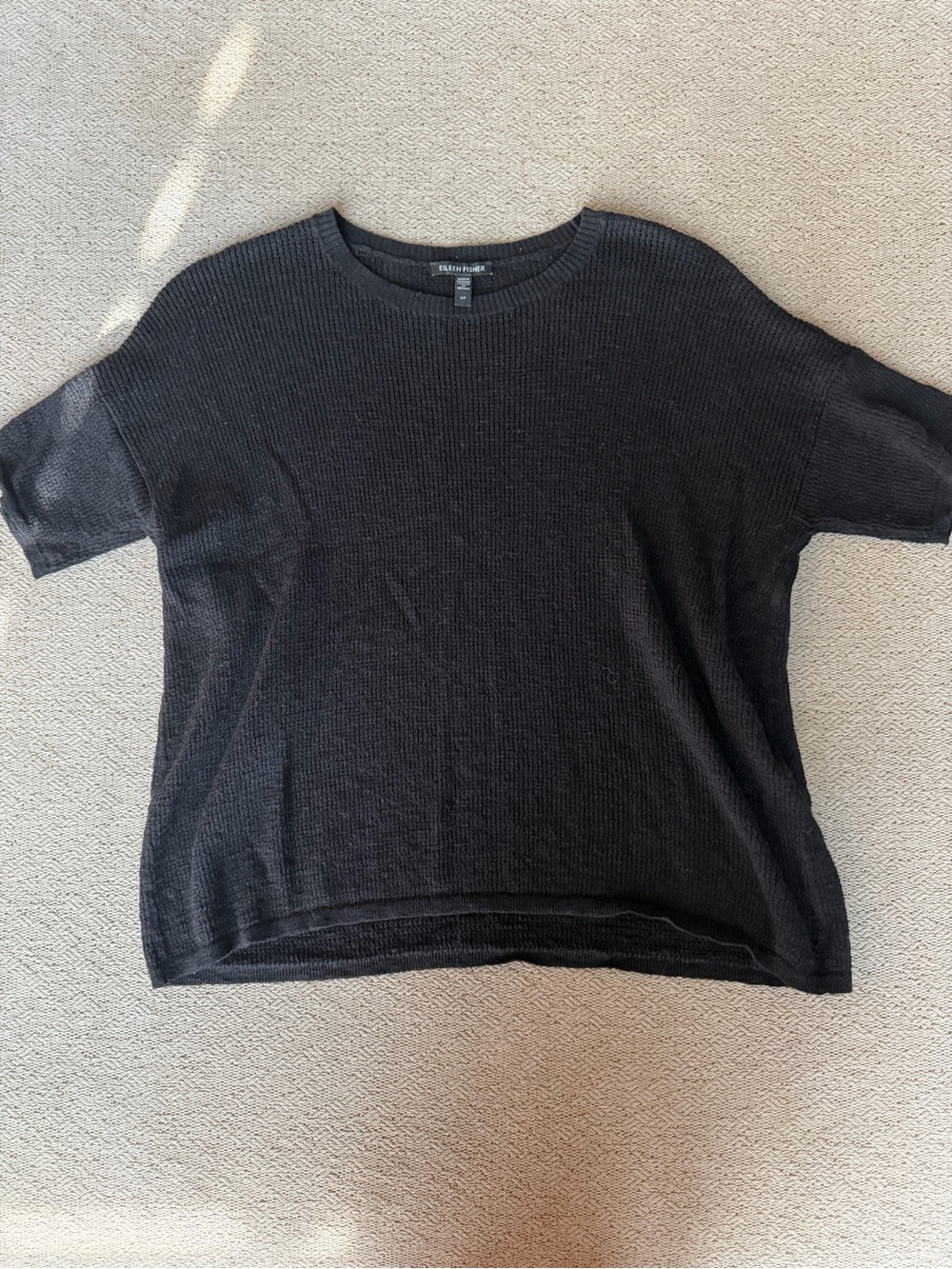 Eileen Fisher Black Open Knit Boxy Short Sleeve Sweater Top Size S/P